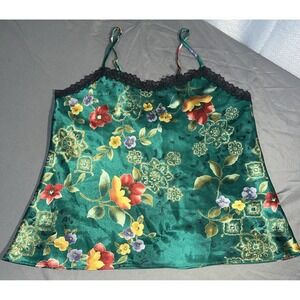 Vintage Kathryn Silky Lace Trim Camisole Sleepwear Lingerie Green Floral Medium